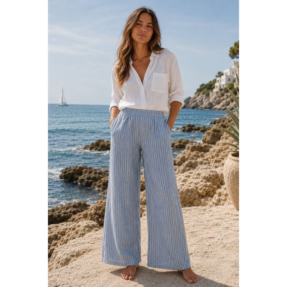 FLAX Washed Blue Striped Linen Pants Flowy Pull-on Full Length Size S Coastal